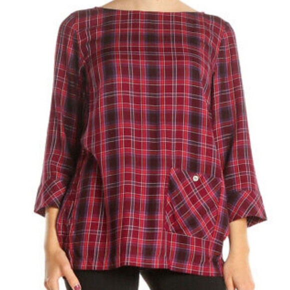 J Jill Womens Size L Maroon Pink Plaid Tunic Blouse Top Front Pocket Pullover - Picture 2 of 7